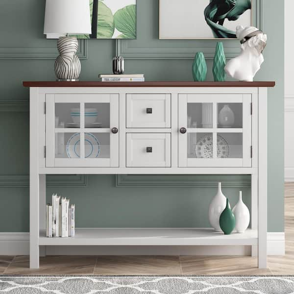 white console table with brown top