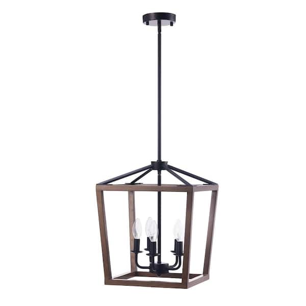 Merra 5-Light Dark Brown Farmhouse Chandelier with Oak Wood Lantern Frame