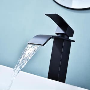 Waterfall Single Handle Single Hole Bathroom Vessel Sink Faucet With Deckplate Included in Matte Black