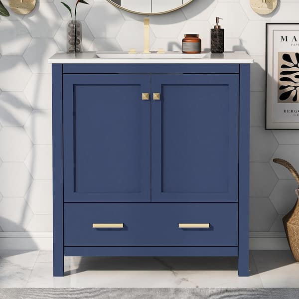 Staykiwi 30 in. W x 18 in. D x 34 in. H Single Sink Freestanding Bath Vanity in Blue with White Ceramic Top