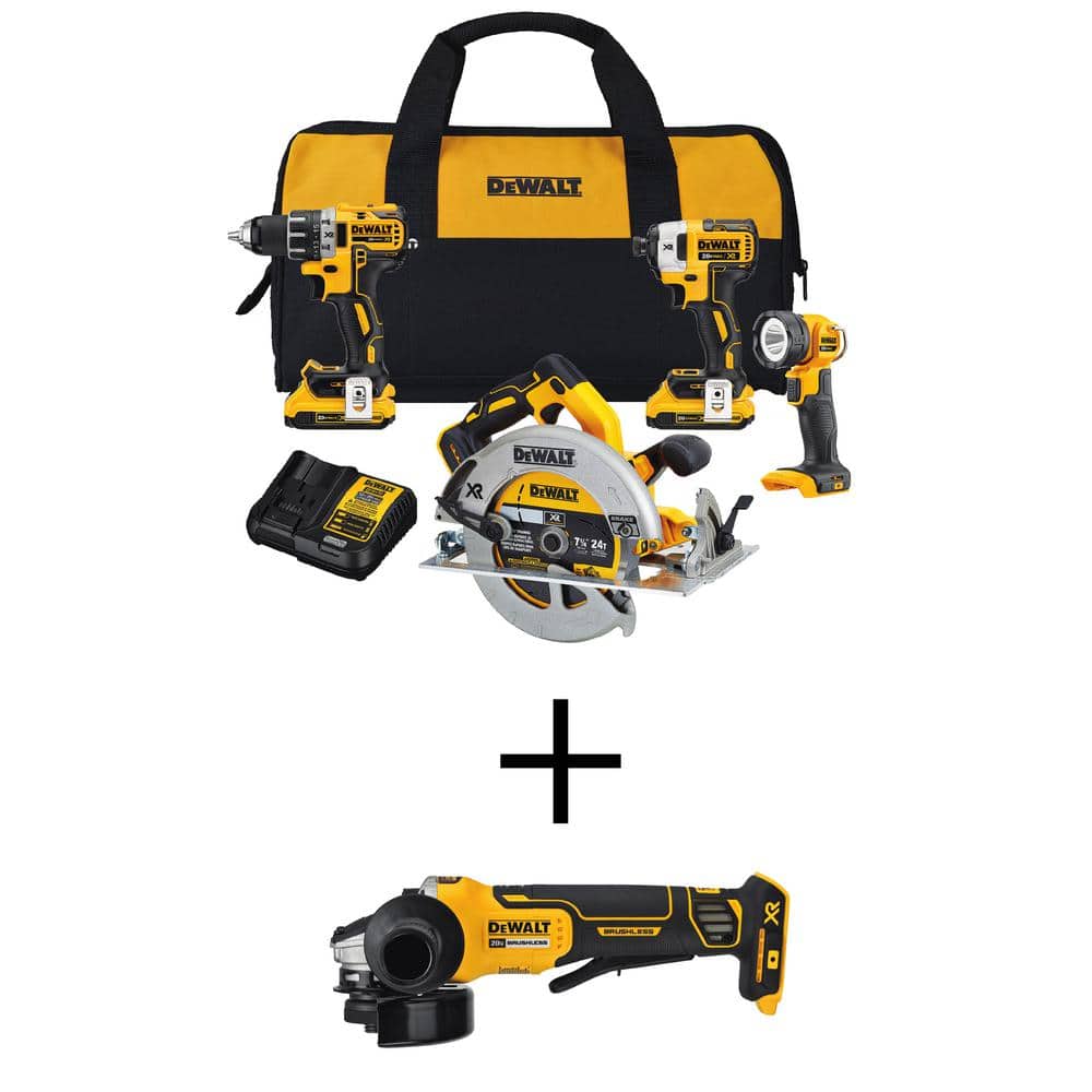 DEWALT 20V MAX XR Cordless Compact Combo Kit and 4.5 in. Small Angle Grinder  (5-Tool) with (2) 20V 2.0Ah Batteries DCK483D2W413B The Home Depot