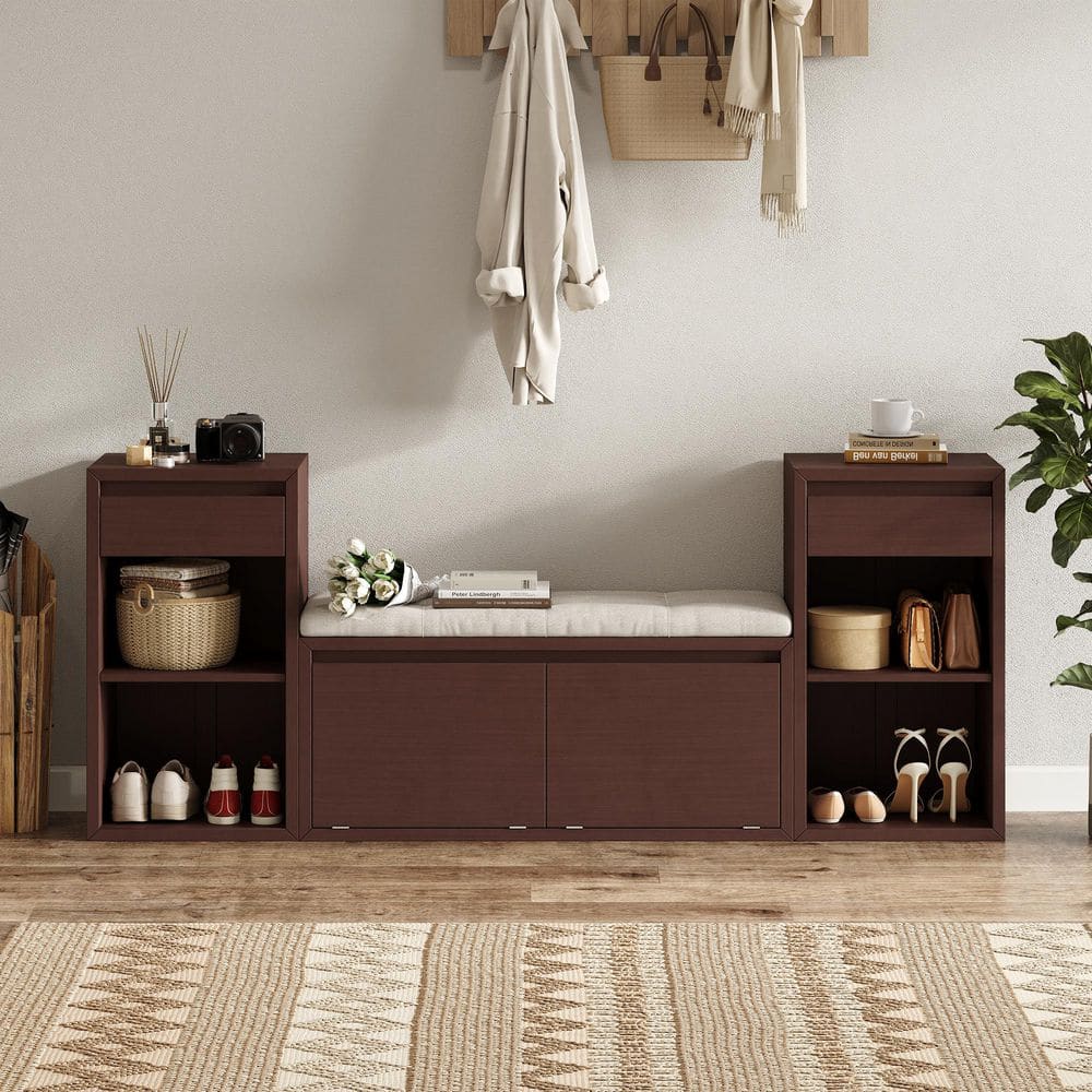 Versatile 77.48 in. Espresso Wooden Entryway Storage Bench with Drawers, Open Shelves and Flip-Top Compartments