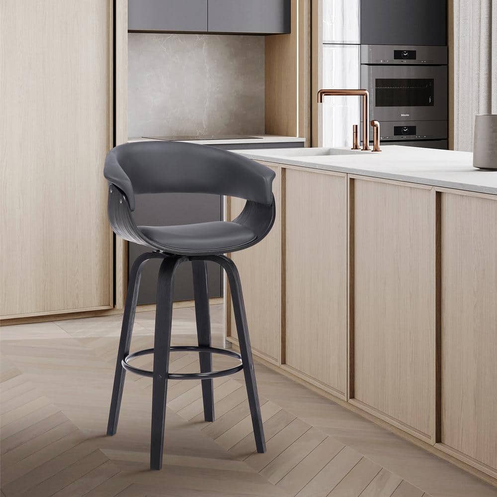 Julyssa 26 in. Swivel Grey Faux Leather and Black Wood Bar Stool