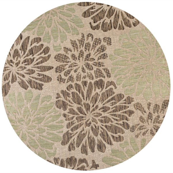 Zinnia Sage/Brown 5 ft. Modern Floral Textured Weave Indoor/Outdoor Round Area Rug
