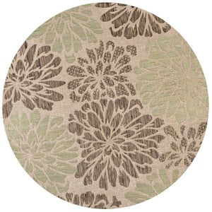 Zinnia Sage/Brown 6 ft. Modern Floral Textured Weave Indoor/Outdoor Round Area Rug
