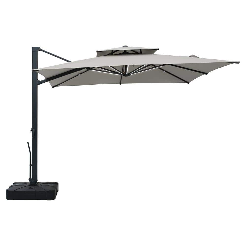 10 x 10 ft. Double Top Cantilever Umbrella Market Umbrella Patio Umbrella with Base and Detachable LED Lights in Gray -  Clihome, CLMYD1010LGYB