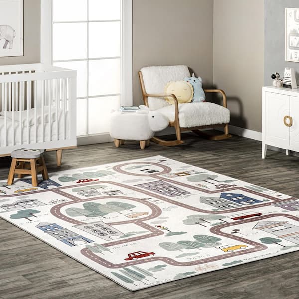 Chalea Kids Town Machine Washable White 7 ft. x 9 ft. Area Rug
