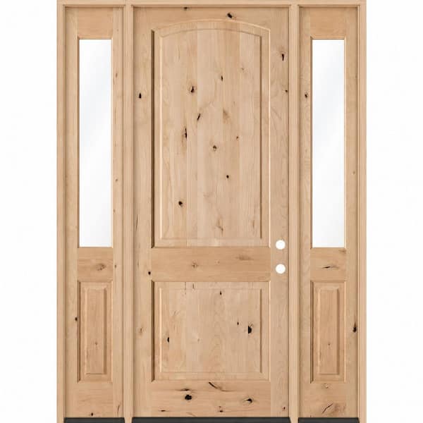 70 in. x 96 in. Knotty Alder 2-Panel Arch-Top Left-H and/Inswing Clear Glass Unfinished Wood Prehung Front Door W/DHSL