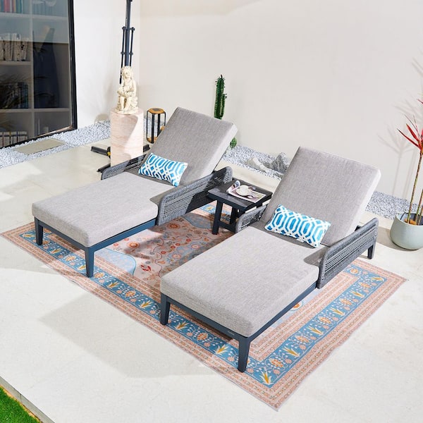 Bellaire 3-Piece Aluminum Outdoor Rope Weaving Reclining Chaise Lounge Set with Gray Cushions