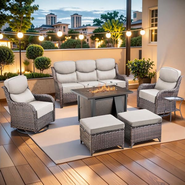 MoonLuxe Brown Wicker Fire Pit Conversation Set with Beige Olefin 6 in. Thick Cushions Patio Swivel Chairs (7-Piece)
