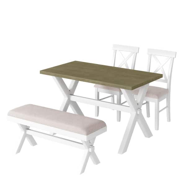 maocao hoom 4-Pieces White Wood Dining Set with White Upholstered 2 X-back Chairs and Bench