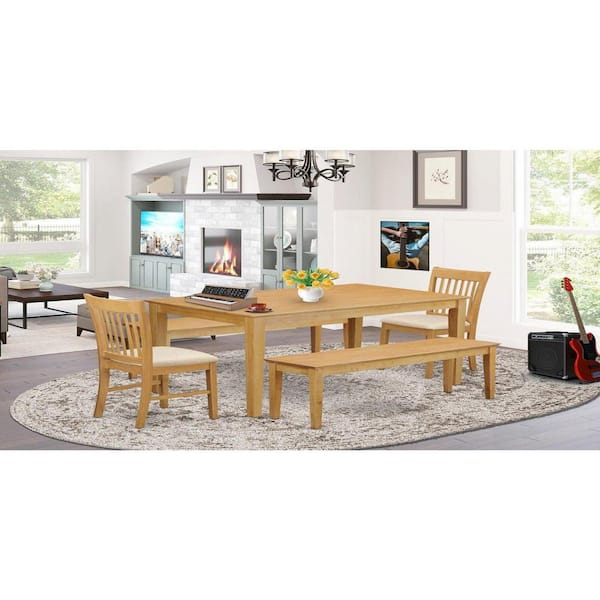 East West Furniture 5-Piece Rectangle Natural Oak Finish Solid Wood Top Dining Table with 2 Benches, 2 Chairs with Lattice Back