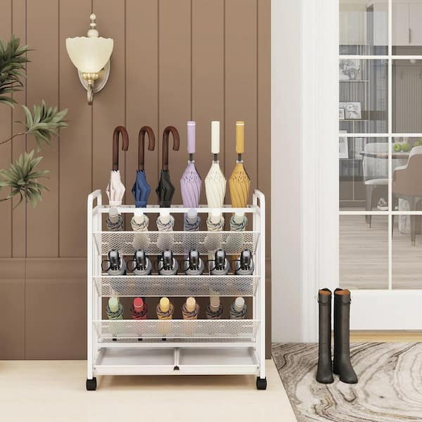 Large White Iron Mesh Umbrella Stand with Wheels Drip Trays Shoe Holder Quick Drying Commercial Organizer