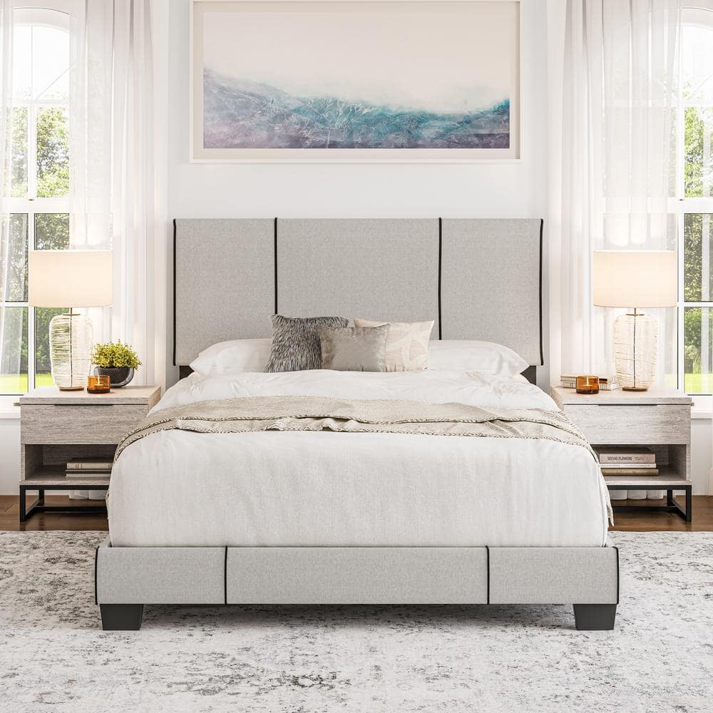 Lucena Off-White Linen Upholstered Queen Platform Bed with Adjustable Headboard