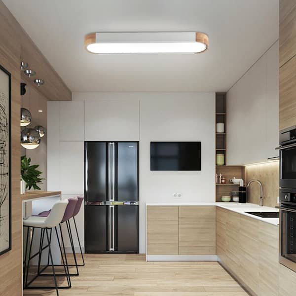 HUOKU Lumin 38 in. W 1-Light White and Wood Integrated LED Flush