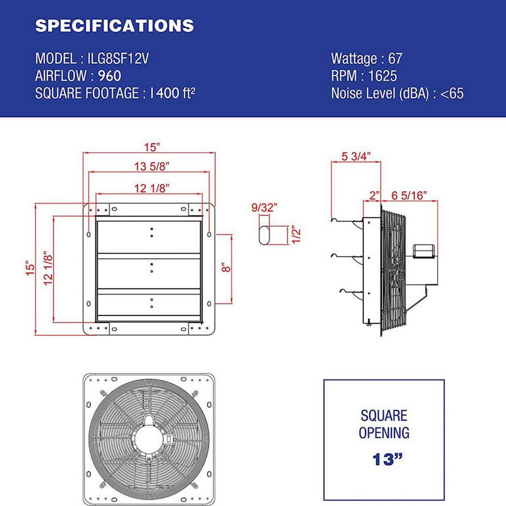 iLiving 12" Silver Wall-Mounted Shutter Exhaust Fan, 960 CFM