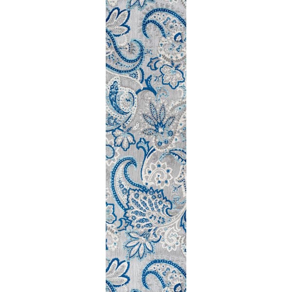 Gordes Paisley High-Low Light Gray/Blue 2 ft. x 10 ft. Indoor/Outdoor Runner Rug