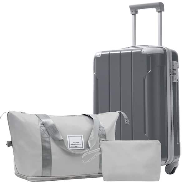3 Bags 3-Piece Cool Gray ABS Hardshell Spinner 20 in. Luggage Set with an Expandable Travel Duffel Bag, a Toiletry Bag
