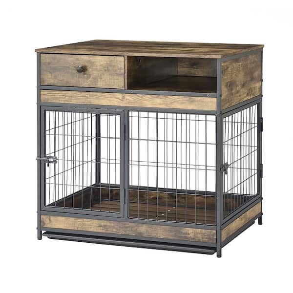 Miscool Any 31.5 in. W Furniture Dog Cage Crate with Double Doors on Casters in Antique Brown