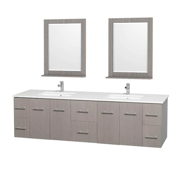 Wyndham Collection Centra 80 in. Double Vanity in Gray Oak with Solid-Surface Vanity Top in White, Square Sink and 24 in. Mirror