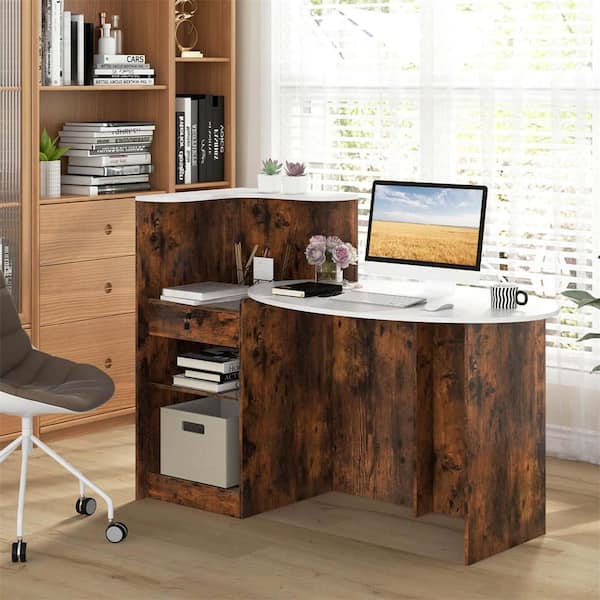 54 in. White Reception Desk with Lockable Drawer and Adjustable Shelf Oval Tabletop for Store