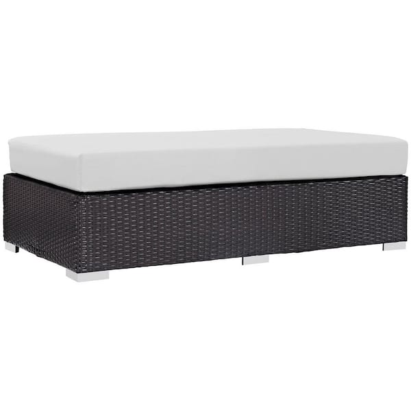 MODWAY Convene Wicker Outdoor Patio Fabric Rectangle Ottoman in Espresso with White Cushion