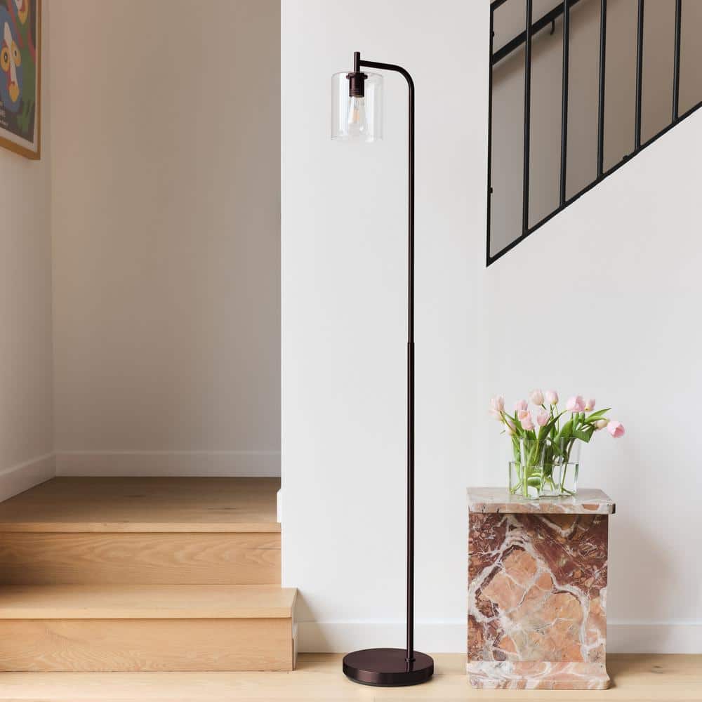 Bronze Industrial Floor Lamp with Glass Shade and Edison Bulb