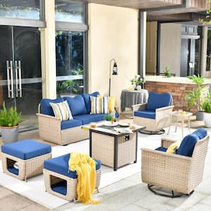 Hera 7-Piece Wicker Outdoor Patio Fire Pit Seating Sofa Set with Navy Blue Cushions and Swivel Rocking Chairs
