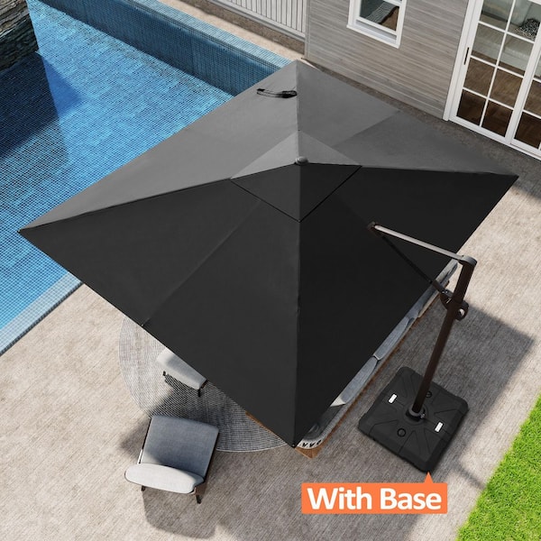 Pellebant 9 ft. x 11 ft. Heavy-Duty Aluminum Cantilever Offset Patio Umbrella in Black with 360° Rotation and Base