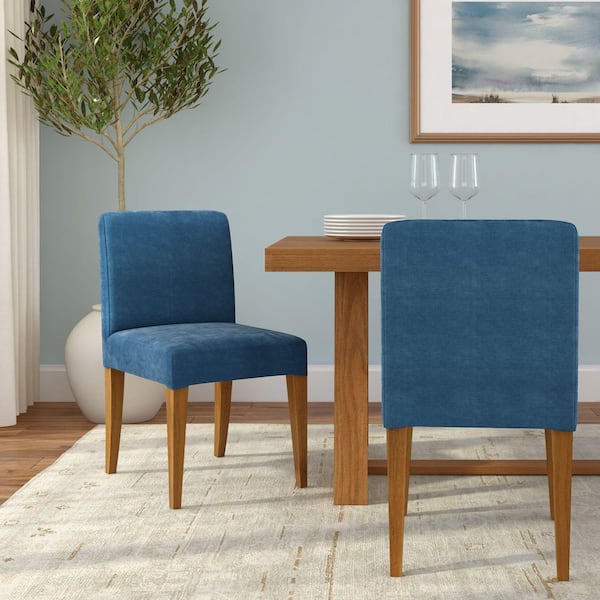Chesnee Marine Blue/Pecan Wood Upholstered Short Slipcover Dining Chair (Set of 4)