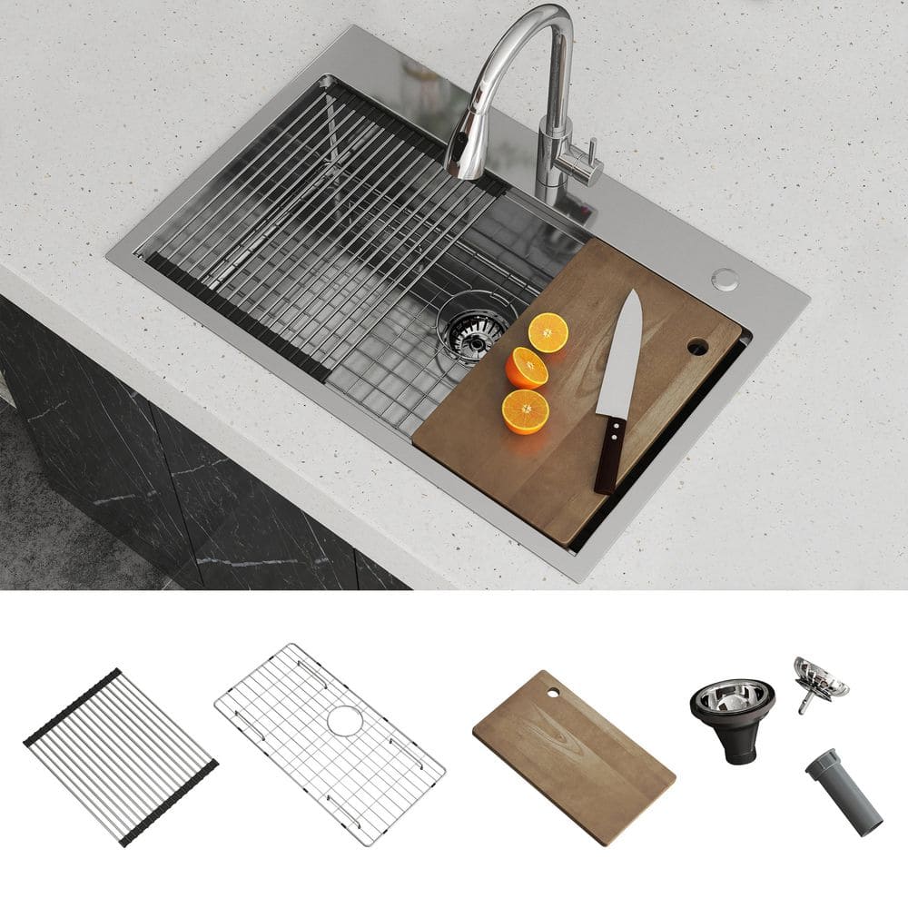 33 in. Drop-In/Undermount Single Bowl 16 Gauge Gunmetal Sliver Stainless St