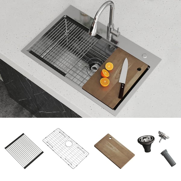 QATSPACE DESIGNS INC 33 in. Drop-In/Undermount Single Bowl 16 Gauge Gunmetal Sliver Stainless Steel Kitchen Sink with Bottom Grids