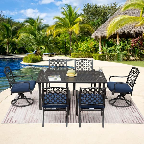 7-Piece Patio Dining Set All-Weather Metal Modern Outdoor Dining Set with Table and Blue Cushions