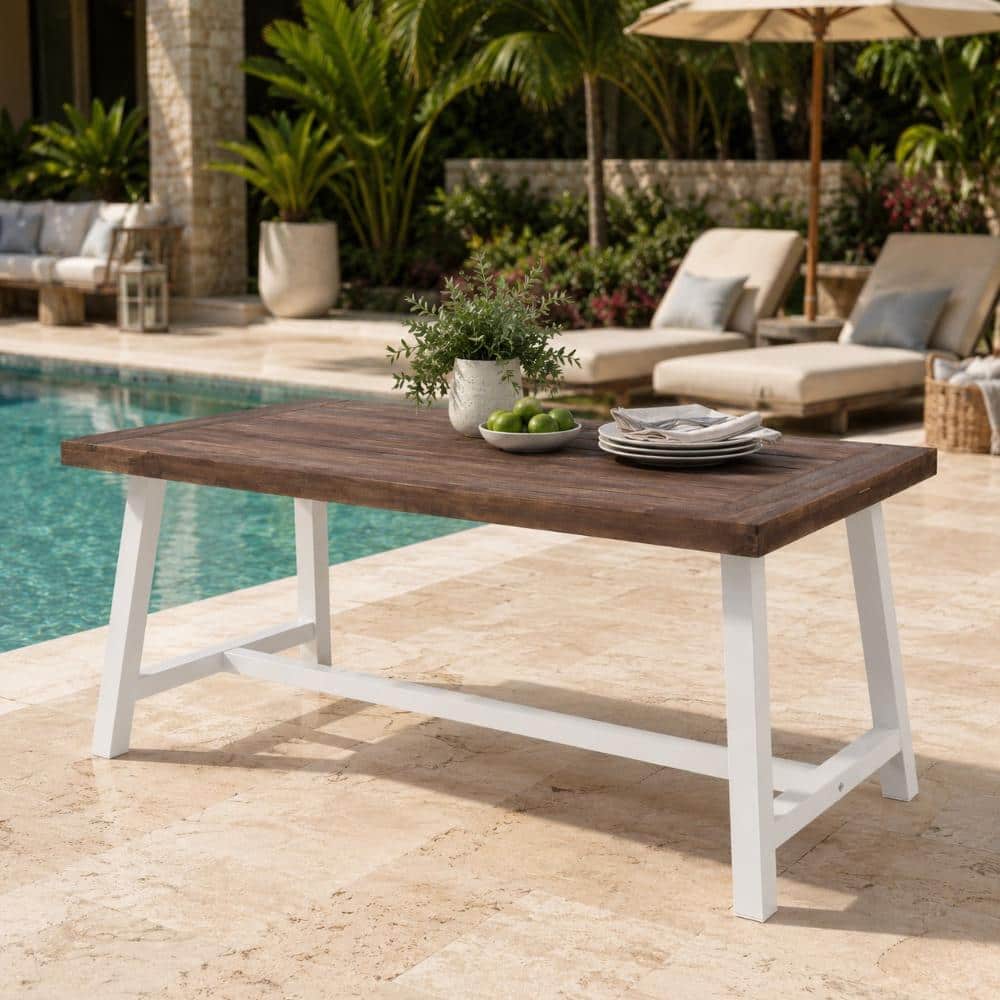 70" Outdoor Acacia Wood Dining Table, Dark Brown Slatted Top with White Metal Sled Frame, 300 lb Capacity