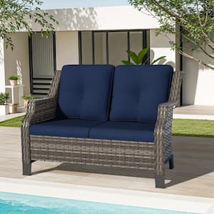 Brown Wicker Outdoor Patio Loveseat 2-Seat Sofa Couch with Blue Cushions