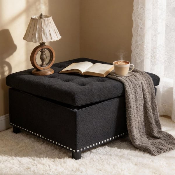 Peyton Black 30 in. Square Polyester Storage Ottoman, Nailhead Trim Ottoman, Tufted Footstool, Coffee Table