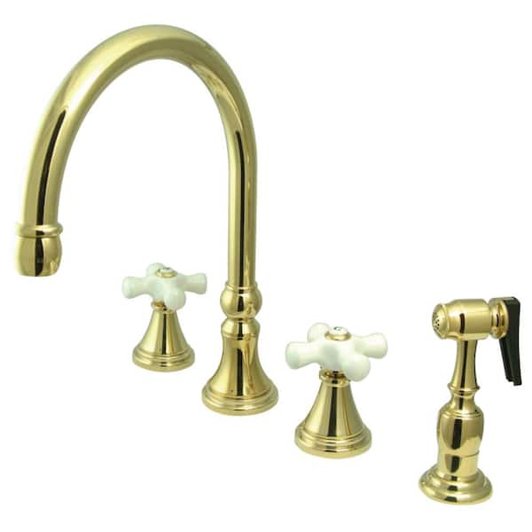 Kingston Brass Governor 2-Handle Standard Kitchen Faucet with Side Sprayer in Polished Brass