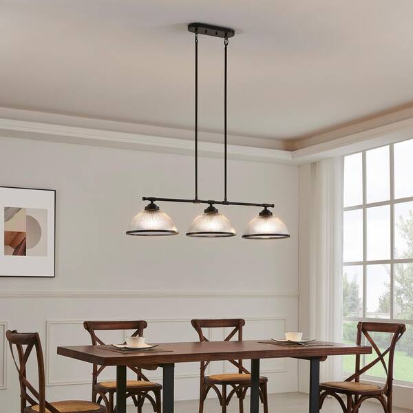 3-Light Modern Black Island Pendant Light with Ribbed Glass Shade