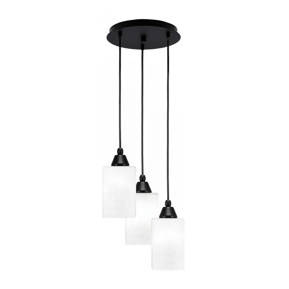 Savannah 10.25 in. 3-Light Matte Black Cord Pendant Light Square White Musl