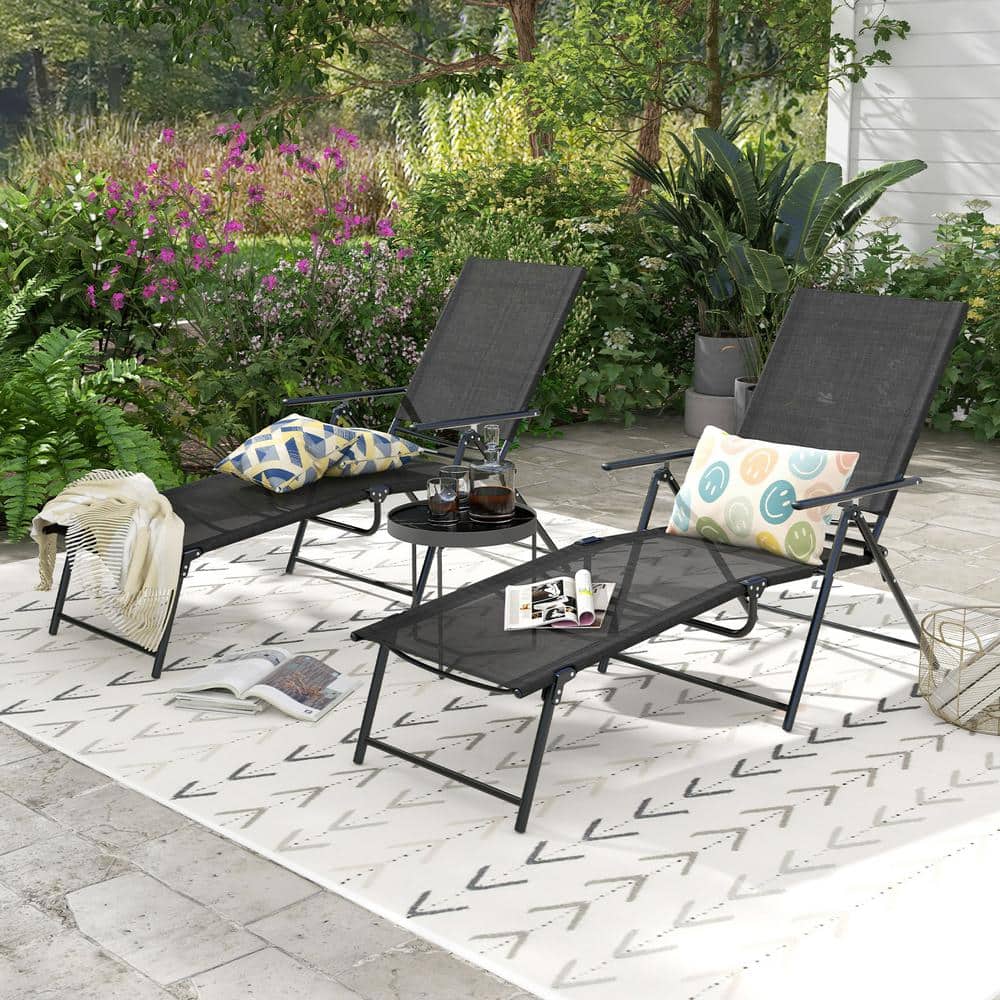 Black Iron Folding Outdoor Chaise Lounge Chairs with Breathable Fabric, Set of 2