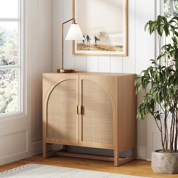 Nathan James Paxton Mid-Century Modern Raw Oak 31 in. Accent Cabinet Arched Storage Cabinet with Rattan Details and Adjustable Shelf
