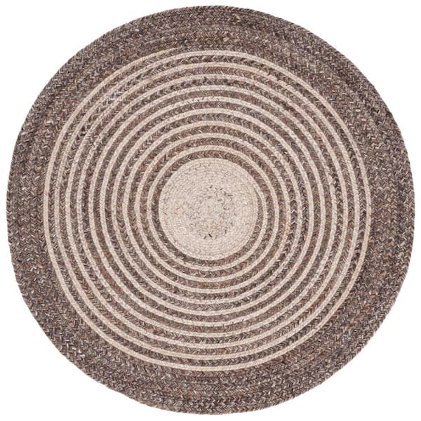 Braided 4 ft. x 4 ft. Brown/Beige Border Striped Gradient Round Area Rug
