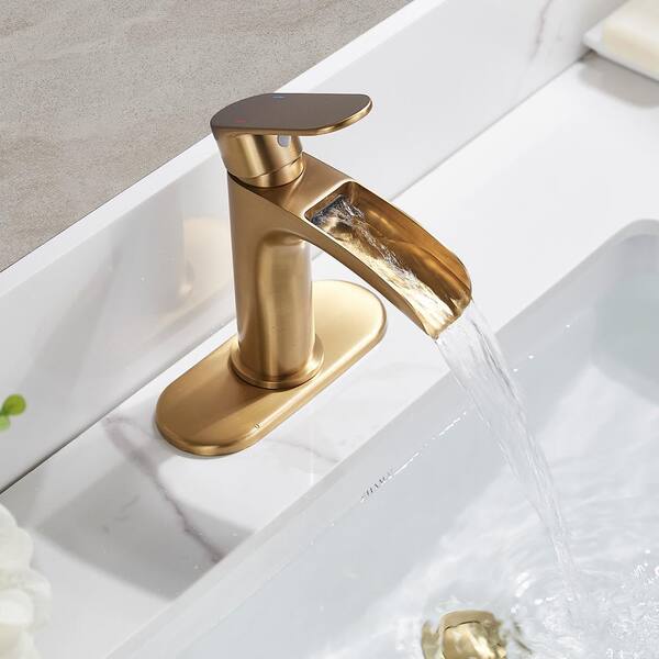 Waterfall Single Hole Single Handle Bathroom Faucet with Deckplate, Pop Up Drain Assembly and Supply Lines in Gold
