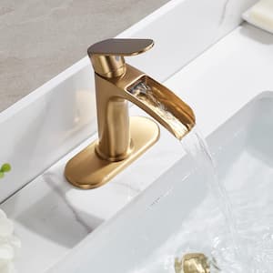 Waterfall Single Hole Single Handle Bathroom Faucet with Deckplate, Pop Up Drain Assembly and Supply Lines in Gold