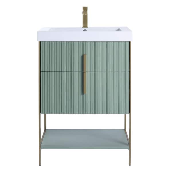 FINE FIXTURES 24 in. W x 18 in. D x 33.5 in. H Mint Green Bath Vanity with White Gel Coated Acrylic Top with Satin Brass Hardware