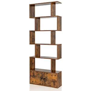 27.5 in. W 6-Tier 5-Shelves Standard Bookshelf w/Cabinet S-Shaped Bookcase Storage Rack Rustic Brown