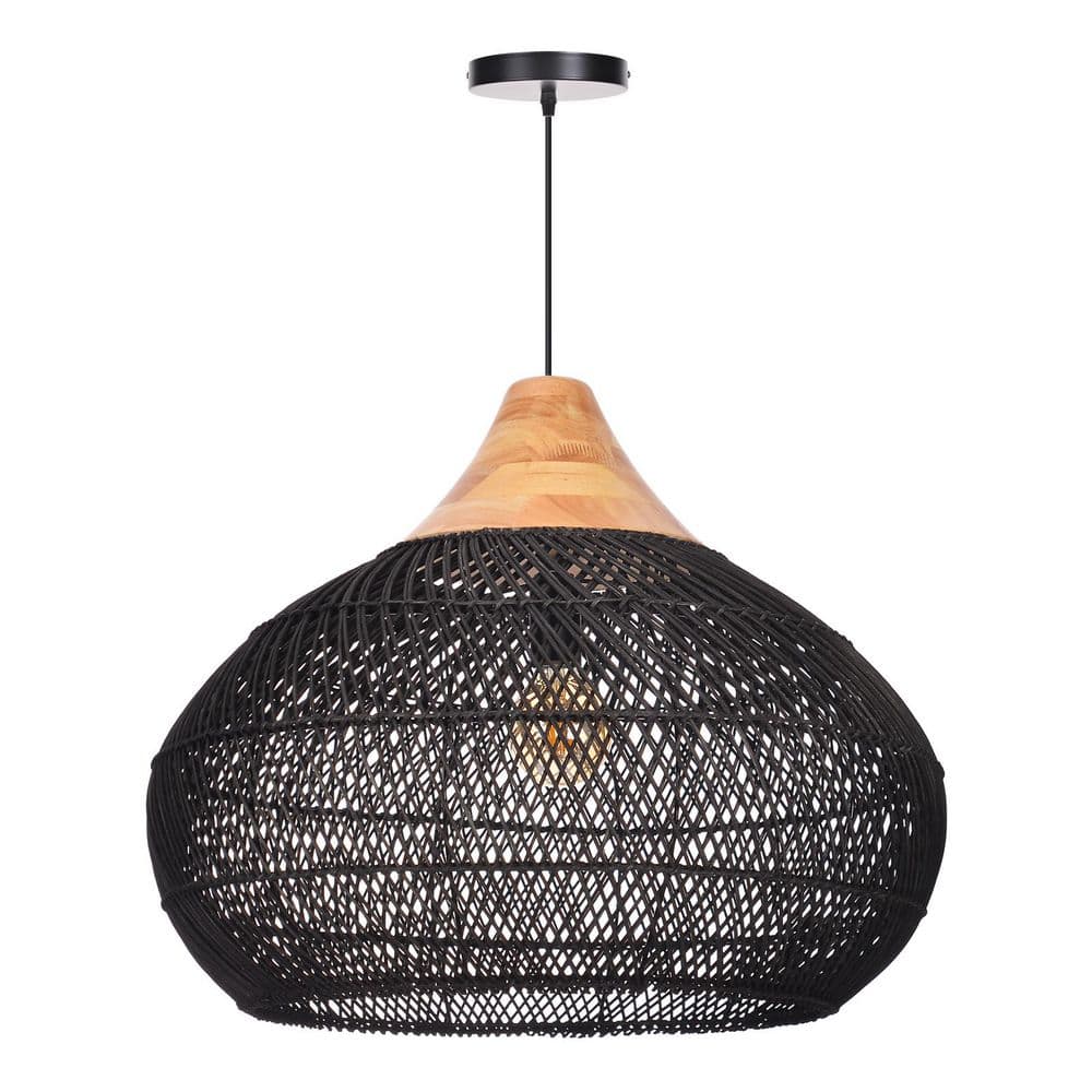 60-Watt 1 Light Black Woven Rattan Pear-Shaped Pendant Light with Solid Wood Accent, No Bulbs Included, 24 in. price history on PriceWatchPro