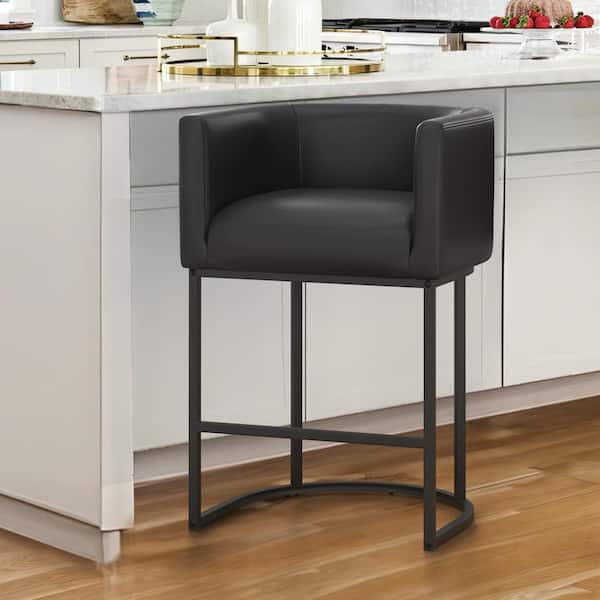 LUE BONA Jessica 26 in. Black Modern Counter Bar Stool PU Leather Upholstered Barrel Counter Stool with Metal Frame