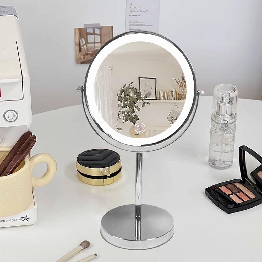 8 in. W x 8 in. H Round Magnifying, Lighted Wall Bathroom Makeup Mirror in 