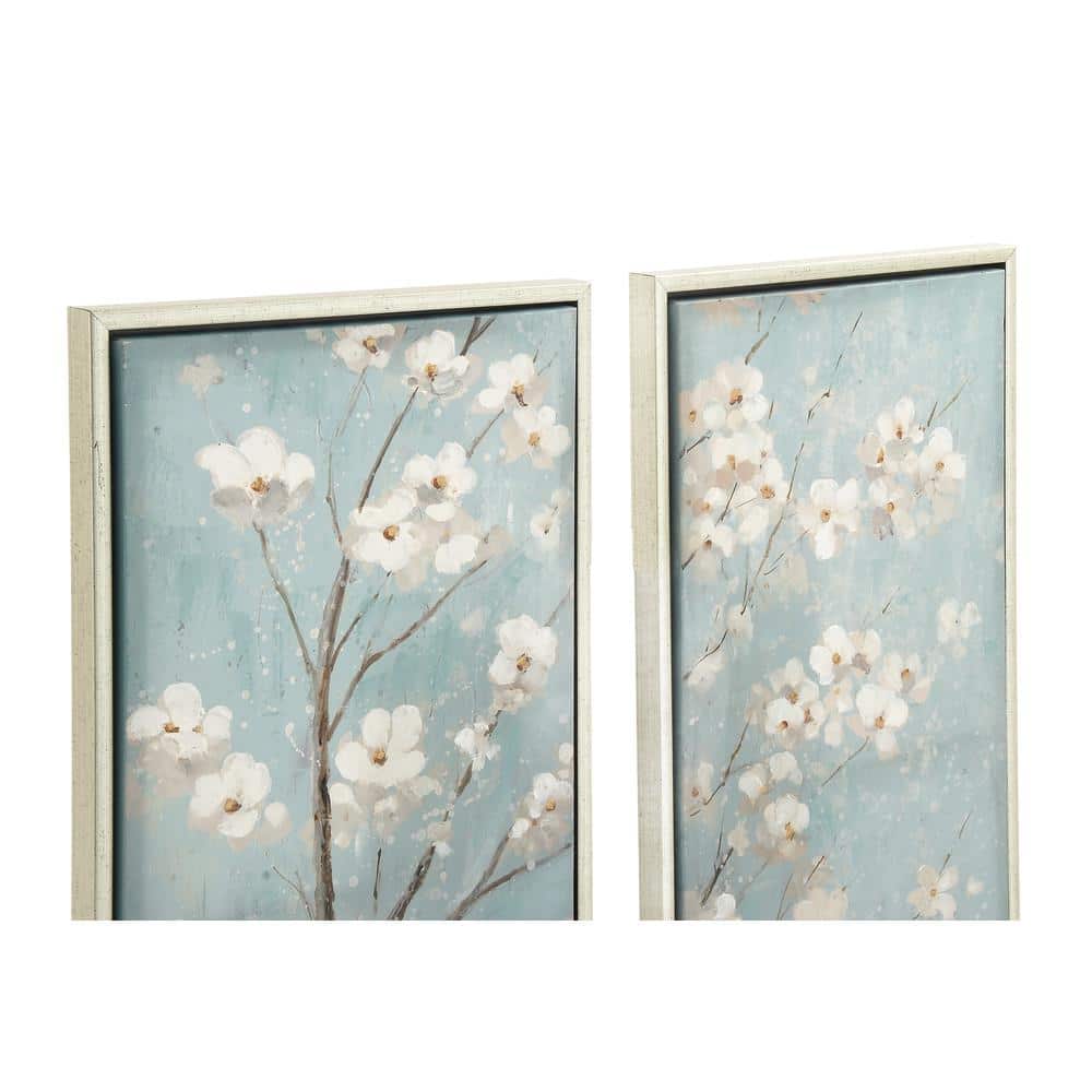Teal and White Cherry Blossom Canvas Wall Art Set with Silver Frame